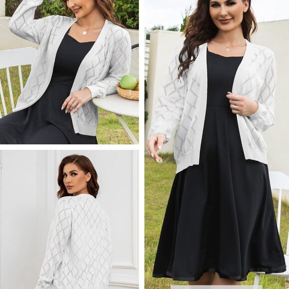 Women's Lightweight White Open Front Cardigan with Long Sleeves - Picture 3 of 4